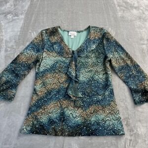 VTG Dressbarn Blouse Top Large Blue Paisley Sequin Ruffle Bell‎ Sleeve Fairy Y2K